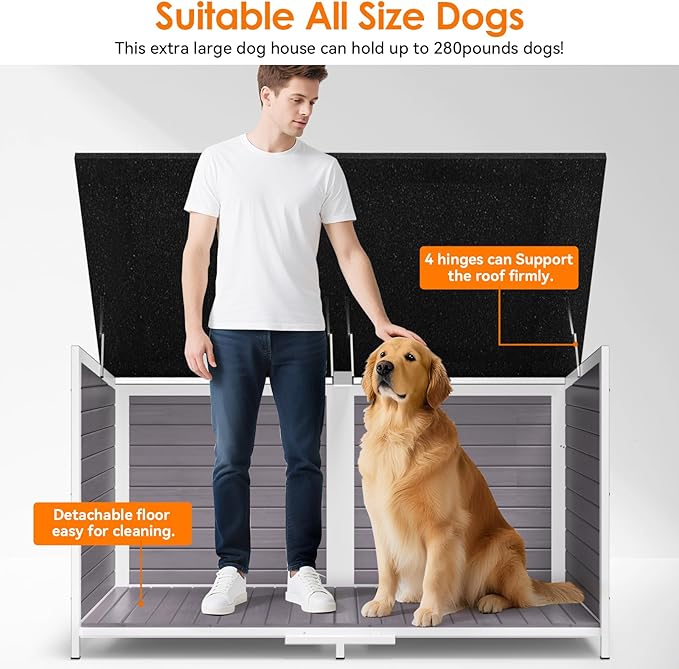 59" Dog House for Outdoor, Extra Large Dog House with Weatherproof Roof, Easy to Install, Anti-Chewing Metal Frame Design for Small Medium Large Breeds Dogs(Gray)