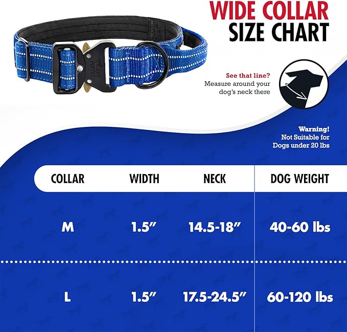 Tuff Pupper Tactical Dog Collar with Handle | Heavy Duty Adjustable Dog Collar | Military Nylon Collar for Large Dogs | Quick-Release Buckle | Soft Padded Comfort | Training Control (Blue, Large)