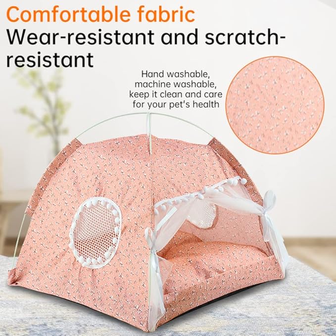 Cat Tent Cat Princess Indoor Cotton and Linen Tent House Detachable Cute Flower Cave Cat Nest Bed Portable Cat and Dog Tent (S,Pink)