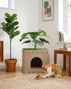Cat Houses for Indoor Cats with Decorative Plants, Hidden Indoor Cat Bed Cave, Cozy Felt Design, Strong Scratch-Resistant Capacity, Hideaway Cat Condo, Ideal for Home Decor, Dark Camel