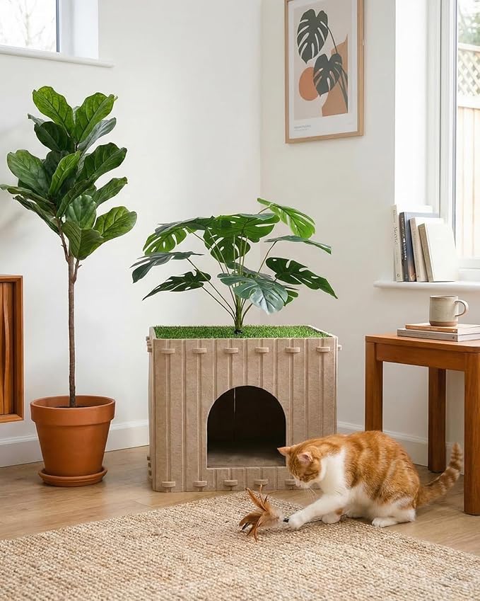 Cat Houses for Indoor Cats with Decorative Plants, Hidden Indoor Cat Bed Cave, Cozy Felt Design, Strong Scratch-Resistant Capacity, Hideaway Cat Condo, Ideal for Home Decor, Dark Camel