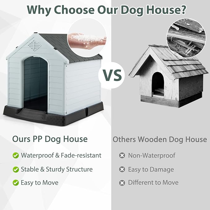 Giantex Dog House for Medium Dogs, Waterproof Plastic Dog Houses with Air Vents and Elevated Floor, Easy to Assemble, Outdoor Cat House Feeding Station Indoor Patio Backyard Dog Kennel House, Gray