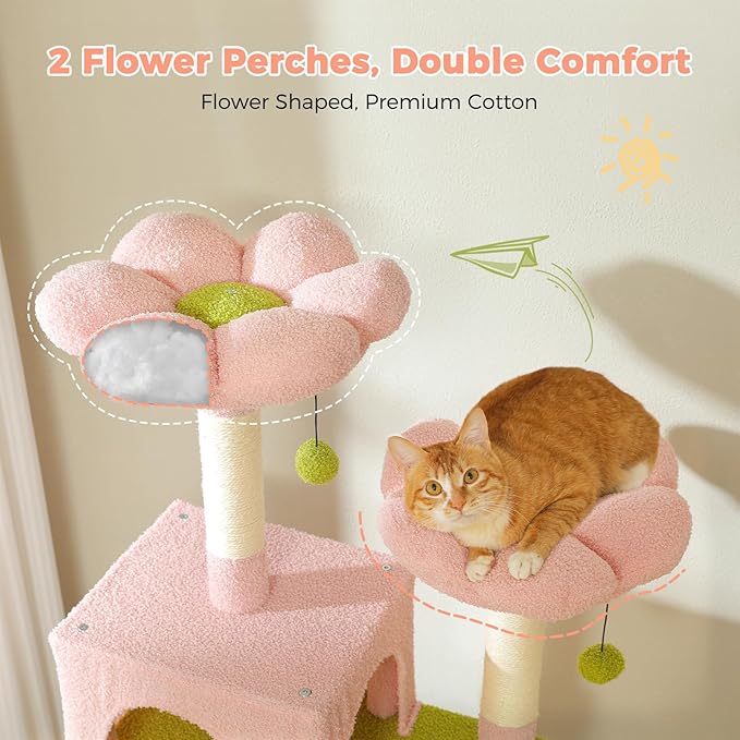 PAWZ Road Flower Cat Tree, 72 Inches Large Cat Tower with Steel Frame Hammock and 7 Scratching Posts, Tall Cat Tree with 2 Condos and Perches for Large Indoor Cats - Pink