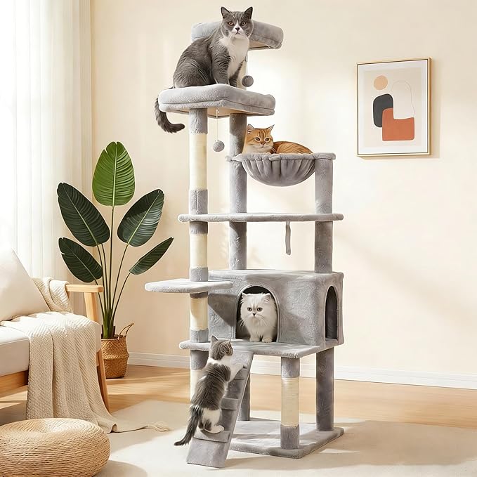 71" Tall Cat Tree for Indoor Cats, Multi-Level Cat Tower with Condo, Hammock & Top Perch, Sturdy Cat Activity Center with Scratching Posts, Soft Faux Fur Cat Furniture, Light Grey