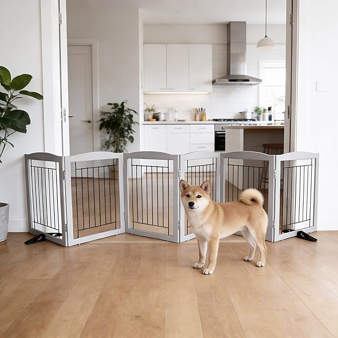 Dog Fence Indoor,Dog Gate Indoor for Doorway pet gate -6-Panel Freestanding, Hallways, House or Stairs -120x24-Inch Retractable Foldable Expandable Wood Pet by SFJC (Grey) ﻿