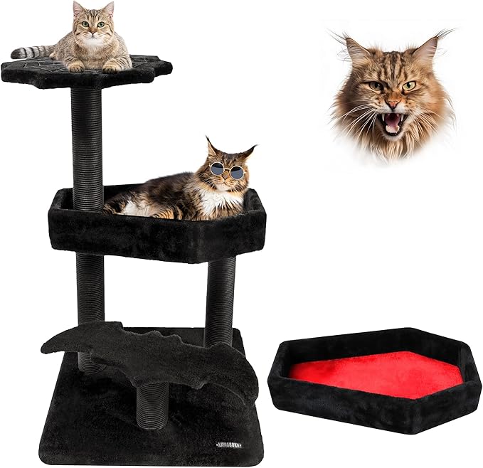 KAMABOKO Gothic Cat Tree with Coffin Bed, 30.3” Black Cat Tower for Indoor Cats with Scratching Posts for Halloween Cat, Black and Red