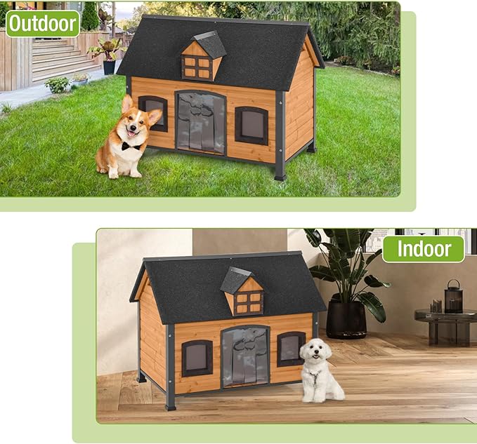 GUTINNEEN Dog House Outdoor with Metal Frame, Wooden Dog Shelter with Weatherproof Roof, Dog Kennel for Small to Large Dogs Indoor