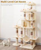 Heavy Duty Cat Tree for Indoor Cat, 71 Inch Large Cat Tower with Scratching Post and Top Perch, Hammock, Big Cat Condo for Adult Cats Kittens, PMT03BW, Beige