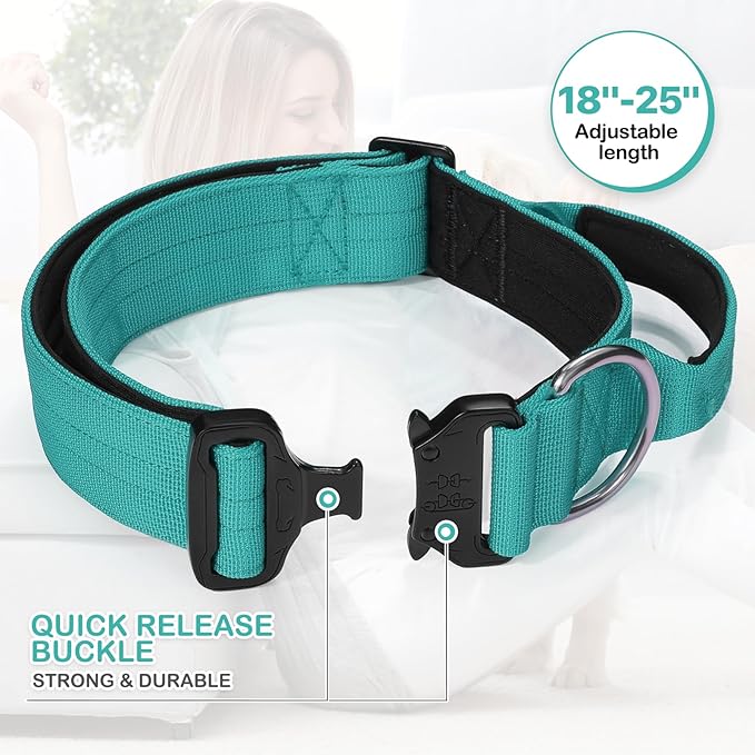 MoNiBloom Tactical Dog Collar with Handle, 1.5 Inch Wide Heavy Duty Military Collar for Medium Large Dog Walking, Training, Running, Teal