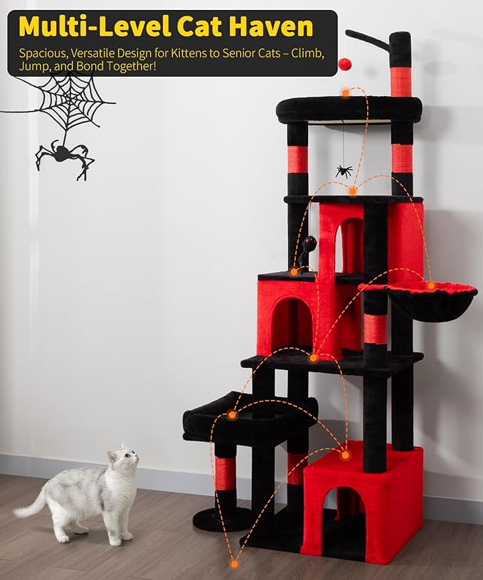 Heavy Duty Cat Tree for Indoor Cat, 74 Inch Cat Tower with Scratching Post, Hanging Basket, Cat Condo with Large Platform for Large Cats, PMT04RD, Black Red