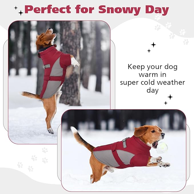 ROZKITCH Dog Winter Coat, Dog Coat for Autumn Winter with Turtleneck, Pet Clothes with Adjustable Waist Strap, Soft Warm Pet Clothing with Reflective Strip for Small Medium Large Dogs Dark Red XS