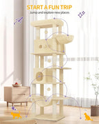 Cat Tree, 82.6" Large Cat Tower for Indoor Cats, Multi-Level Cat House with Condo, 8 Scratching Posts, Hammock, 4 Pom Poms, Beige MS21018YL