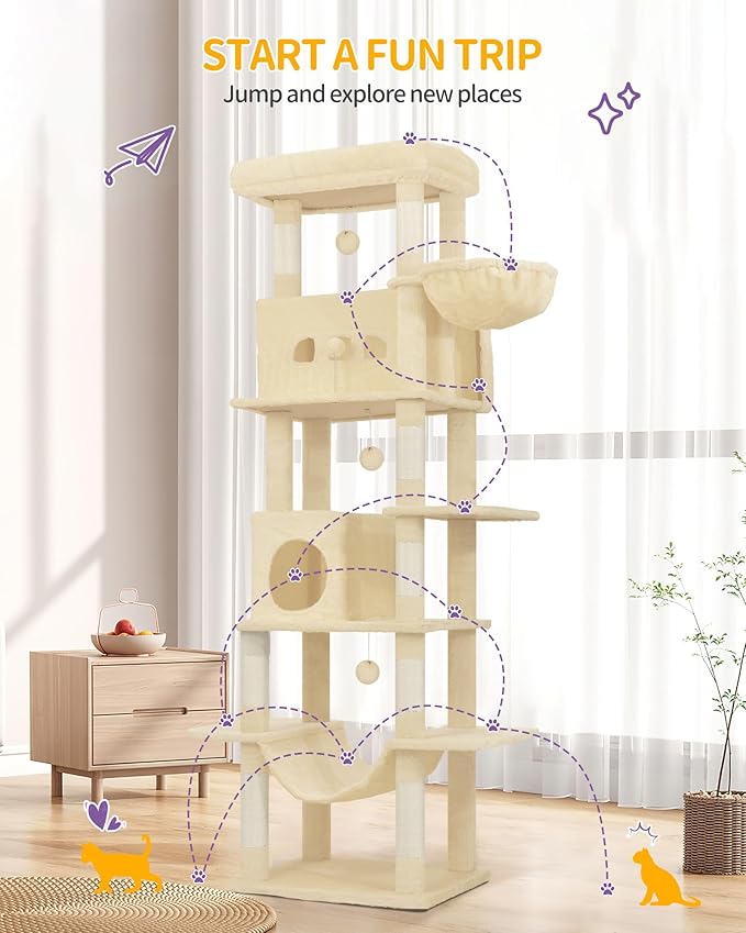 Cat Tree, 82.6" Large Cat Tower for Indoor Cats, Multi-Level Cat House with Condo, 8 Scratching Posts, Hammock, 4 Pom Poms, Beige MS21018YL