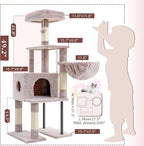 Heybly Cat Tree, 49.2 Inches Cat Tower for Indoor Cats, Spacious Cat House Condo with Hidden Space，Sturdy Steel Tube，Soft Plush Top Perch，Cozy Hammock and Sisal Scratching Posts, Muchroom HCT200SMU