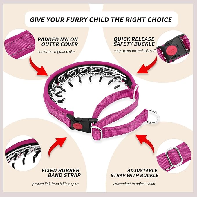 Martingale No Pull Dog Collar for Large Medium Small Dogs, Heavy Duty Nylon Reflective Adjustable Anti Pull Slip Collar with Buckle for Training Walking L Hot Pink