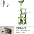 56" Cat Tree for Indoor Cats with Hammock, Scratching Posts & Play Ball, Multi-Level Cat Tower with Anti-Tip Device, Plush Perches & Sisal Rope (Green, 19.25x19.25x56 Inches)