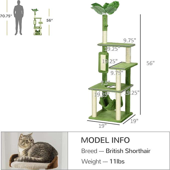 56" Cat Tree for Indoor Cats with Hammock, Scratching Posts & Play Ball, Multi-Level Cat Tower with Anti-Tip Device, Plush Perches & Sisal Rope (Green, 19.25x19.25x56 Inches)