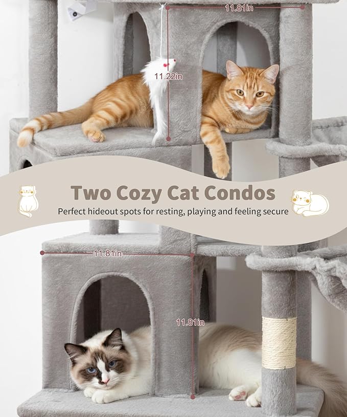 Heavy Duty Cat Tree for Indoor Cat, 74 Inch Cat Tower with Scratching Post, Hanging Basket, Cat Condo with Large Platform for Large Cats, PMT04GY, Grey