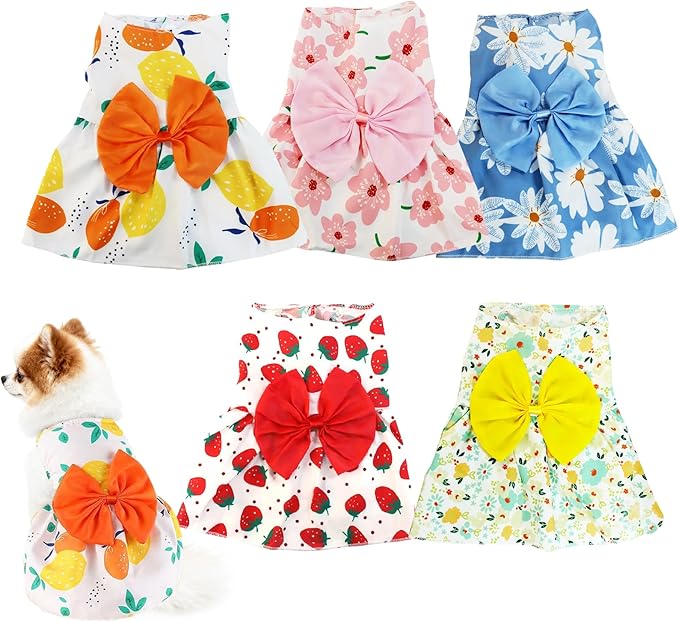 5 Pcs Dog Dresses Floral Puppy Cat Pet Dresses Dog Bowknot Dresses for Medium Dogs Girls Puppy Summer Floral Skirts Outfits Cute Princess Pet Dress for Female Yorkie Cats Dogs Pets