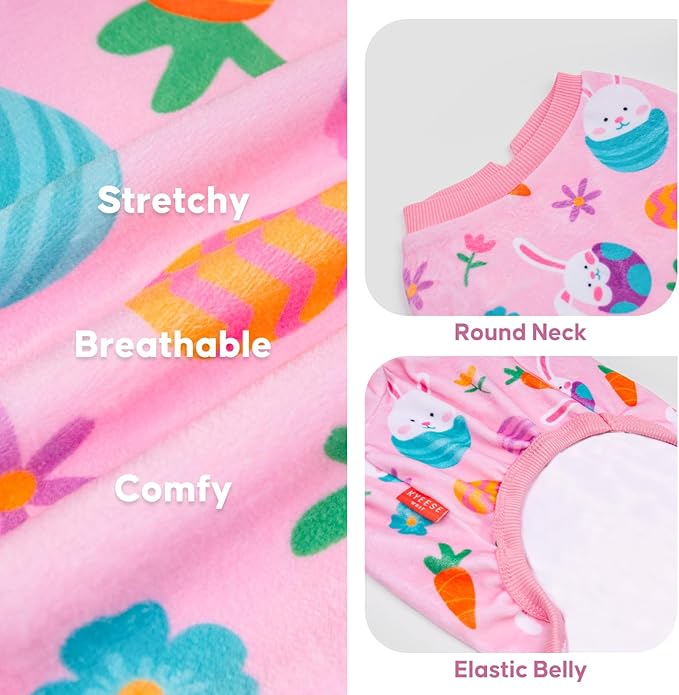 KYEESE Easter Dog Pajamas, Soft Dog Pajamas for Small Medium Dogs Girl, Stretchy Dogs Pjs Velvet Pet Jumpsuit with Eggs & Bunny Pattern, Comfy Lightweight Pet Outfit, Pink, XL