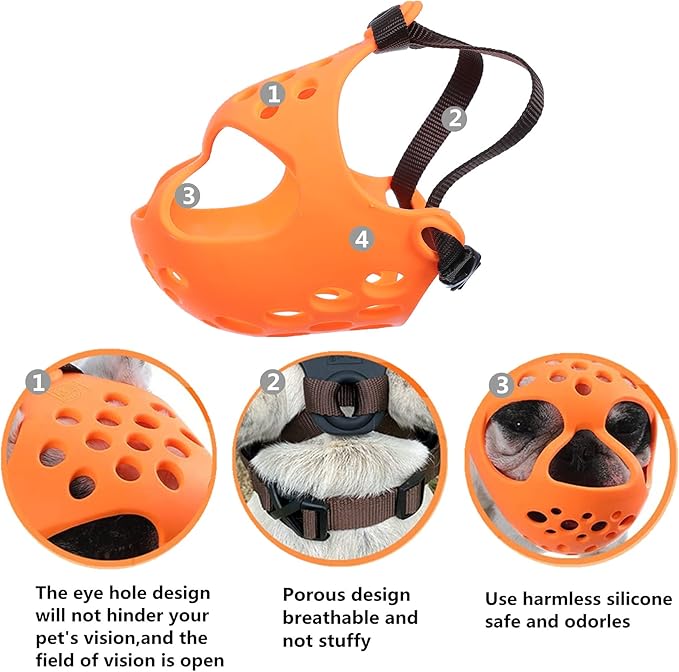 Short Snout Dog Muzzles,Soft Silicone Adjustable Breathable Bulldog Muzzle for Biting Chewing Barking Training,Ideal for Flat-Faced Dogs (L, Orange)