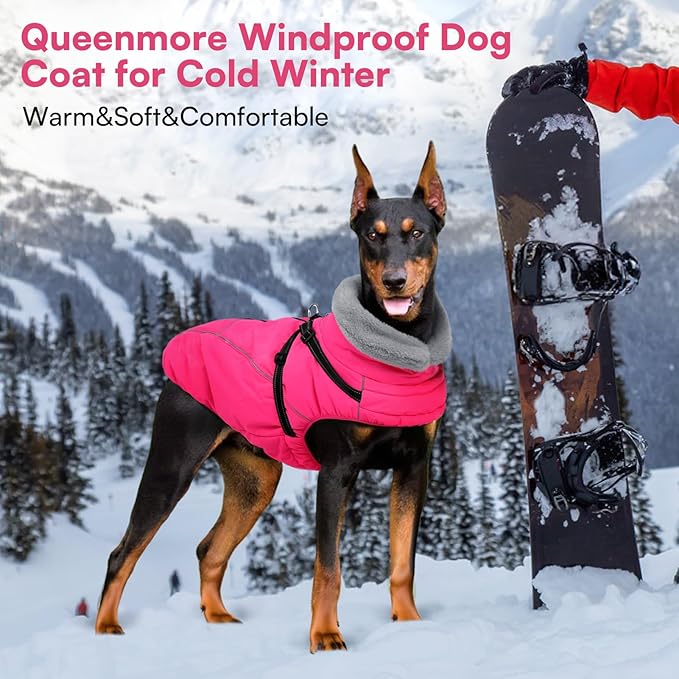 Queenmore Dog Jackets for Large Dogs,Dog Coat with Harness Built in,Waterproof Dogs Coats with Zipper On Back,Warm Fleece Lining Cold Weather Pet Coats with Furry Collar for Labrador,Rosered,XL