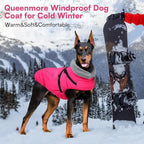 Queenmore Dog Jackets for Large Dogs, Dog Coat with Harness Built in,Waterproof Dogs Coats with Zipper On Back,Warm Fleece Lining Cold Weather Pet Coats with Furry Collar for Labrador,Rosered,L