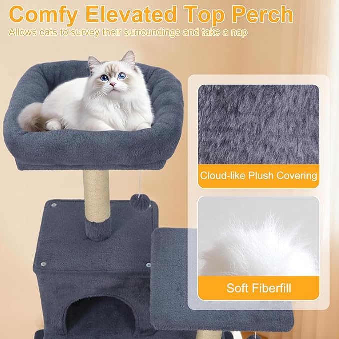 DORTALA Cat Tree for Indoor Cats, 58" Tall Cat Tower with Top Perch, Condo, Hammock, Sisal Scratching Posts, 3 Dangling Balls, Platforms, Multi-Level Pet Climbing Furniture Playground (Grey)