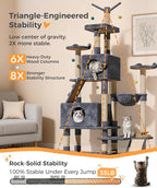 Catlike Rock-Solid 76" Tall Cat Tree Tower for Indoor Cats Large Adult, Heavy Duty Multi-Level Large Cat Tree with Sisal Scratching Posts, Perches, Cat Condos, Hammock Baskets, Cat Tower Light Grey