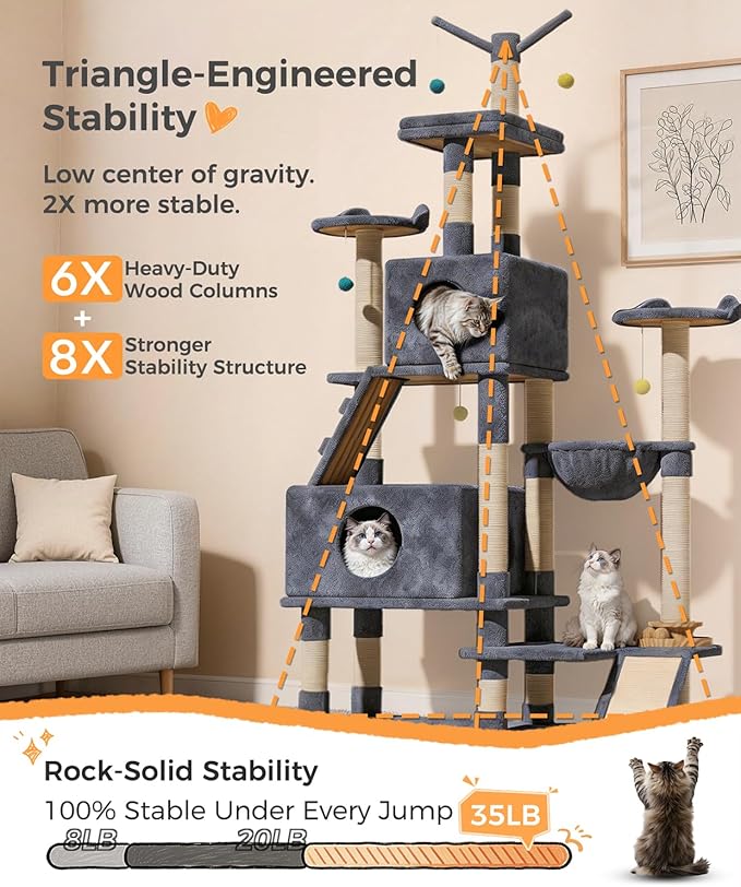 Catlike Rock-Solid 76" Tall Cat Tree Tower for Indoor Cats Large Adult, Heavy Duty Multi-Level Large Cat Tree with Sisal Scratching Posts, Perches, Cat Condos, Hammock Baskets, Cat Tower Light Grey