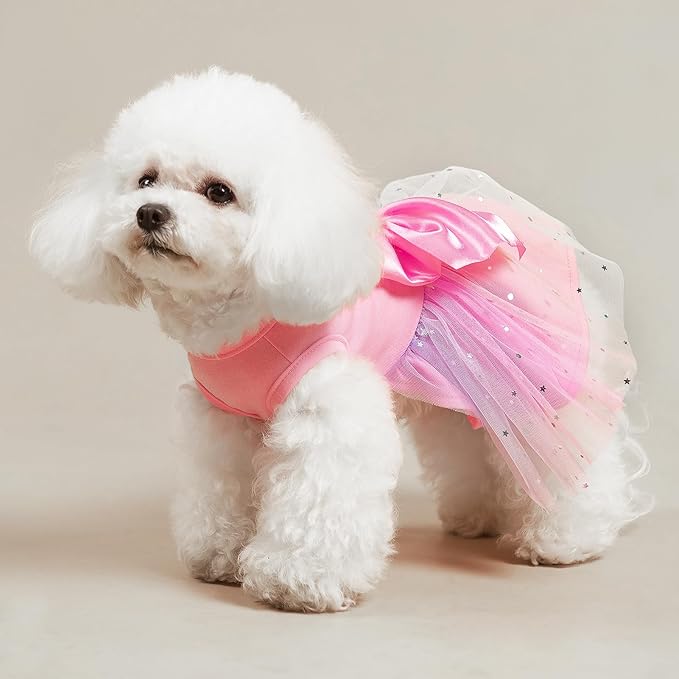 PUPTECK Print Dog Dress Pet Apparel for Birthday with Cute Bowtie Puppy Clothes Outfit, M