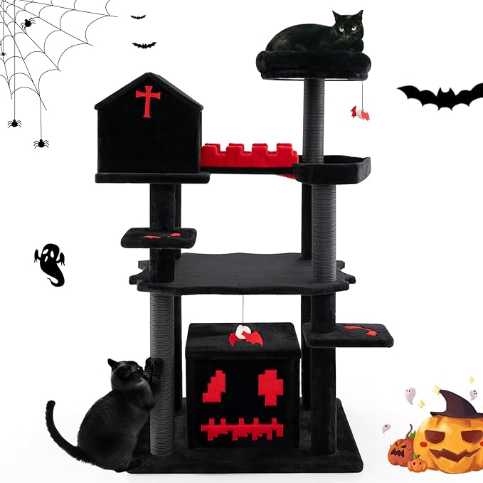 Tangkula Gothic Cat Tree, 49 Inch Black Cat Tower with Coffin Bed, 2 Condos, Scratching Posts, Bat Pompom Balls, Perch, Halloween Pet Furniture, Spooky Goth Cat Tree for Indoor Cats