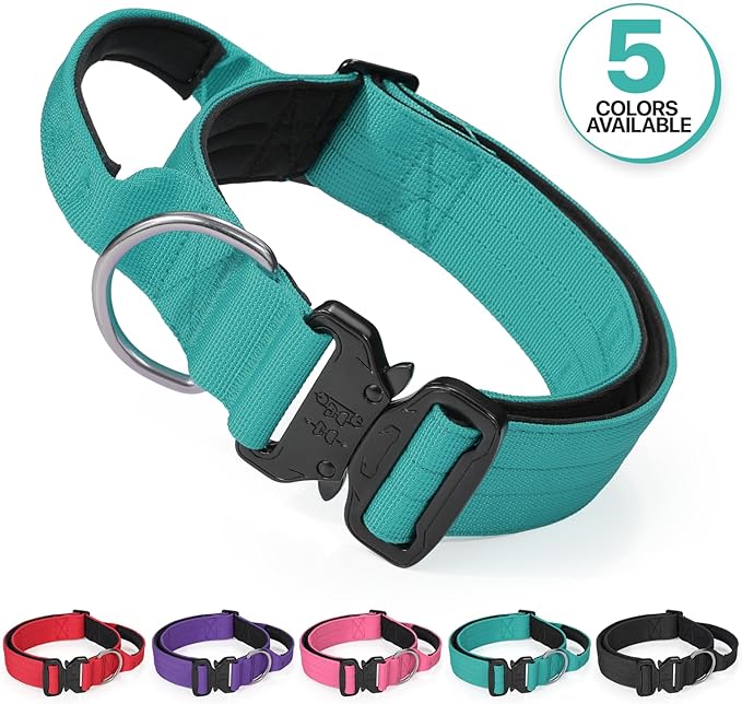 MoNiBloom Tactical Dog Collar with Handle, 1.5 Inch Wide Heavy Duty Military Collar for Medium Large Dog Walking, Training, Running, Teal
