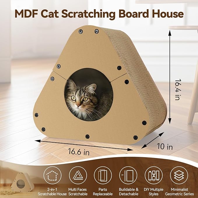 Cat Scratcher House, Cozy Cardboard Design, Safe and Secure for Kittens, Eco-Friendly,Plain Board (Triangles)