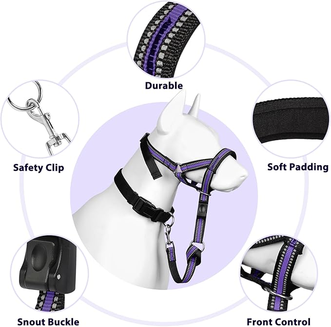 BARKLESS Soft Dog Head Collar, Patented Padded No Pull Head Halter, Training Nose Leash with Safety Link for Medium Large Dogs, Adjustable Muzzle Leash, Easy Control for Walking (XL, Purple)