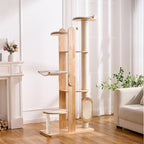 SHENGOCASE 72-Inch Modern Cat Tree Tower Condo for Large Cat, Natural Rubber Wood, Multi-Level Ladder with Hammock, Sisal Scratching Post, Large Perch Platform
