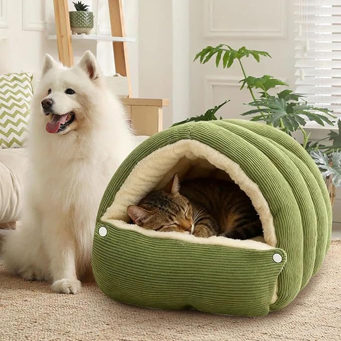 Removable and Washable Winter Closed-Off Cat Bed, Cutypet Winter Cave, Warm Foldable Secure Pet Nest for Indoor Cats & Small Dogs, Comfor Plush Snuggle Hut for Kitty, Puppy, Pets (Corduroy-Green,M)