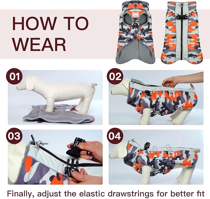 Medium Dog Coat Dog Winter Jacket Warm Dog Coat with Harness Reflective Dog Snow Jacket Water-Resistant Dog Vest Zip Up Snowsuitfor Medium Dogs Jack Russell, Mini Schnauzer Orange-Camouflage