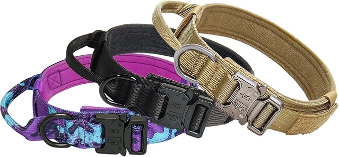 Hotsky Tactical Dog Collar, Adjustable Military Training Nylon Airtag Collar with Handle and Heavy Duty Metal Buckle for Medium Large Dogs, with Airtag Holder and Two Patches（Brown,M）