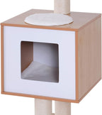 PawHut 47” Modern Cat Tree Multi-Level Scratching Post with Cube Cave Enclosure - Oak Wood and White