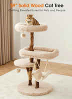 59" Modern Cat Tree Tower for Large Indoor Cats, Perches-Natural Solid Wood Cat Tower with Sisal Scratching Post, Perches, Hammock & PlayBalls, Aesthetic Boho Cat Furniture