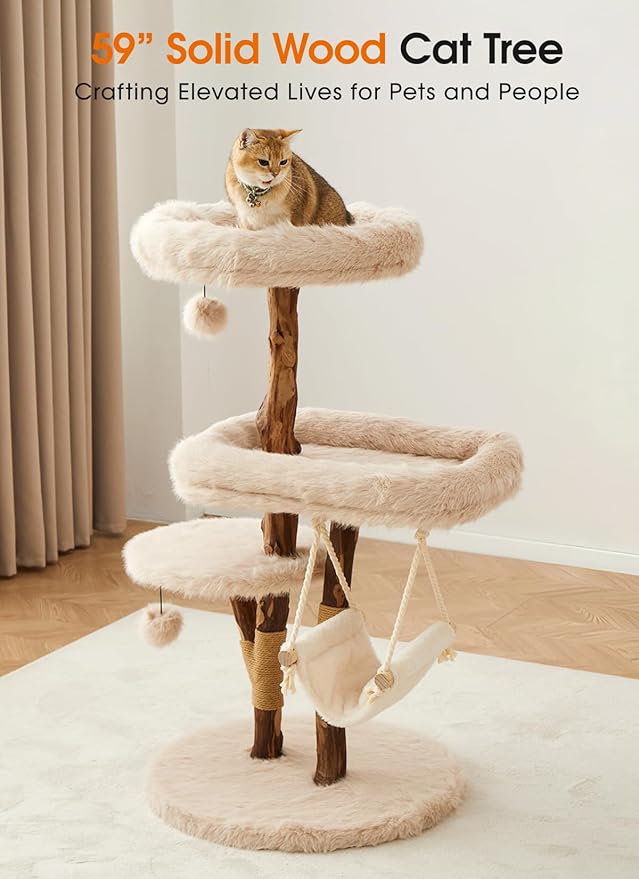 59" Modern Cat Tree Tower for Large Indoor Cats, Perches-Natural Solid Wood Cat Tower with Sisal Scratching Post, Perches, Hammock & PlayBalls, Aesthetic Boho Cat Furniture
