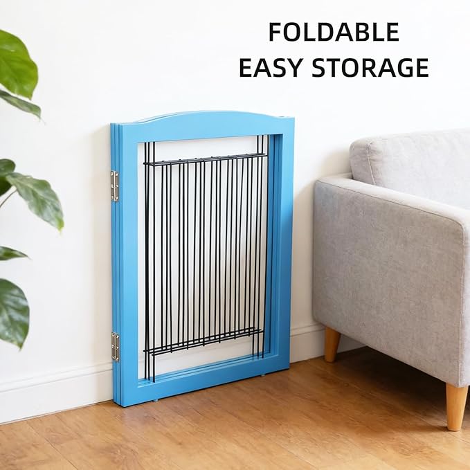 ZJSF Freestanding Dog Fence Indoor, Foldable Dog Gate for Doorways, Stairs or Hallways, Sturdy Wood Extra Wide Pet Gate with Support Feet for The House, Blue, 24 "Height-3 Panels