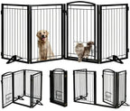 Full Metal Freestanding Dog Gate with Cat Door for Outdoor&Indoor,32" Tall Foldable Dog Fence,80" Extra Wide Freestanding Pet Gate for Large Openings,Stairs,Deck,Yard,Doorways(4 Panels,Black)