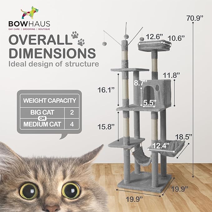 Tall Cat Tree for Indoor Large Cats or Kittens, Multi-Level Cat Activity Tree with Scratching Posts, Hammock, Cat Cave Condo, Modern Cute Small Cat Climbing Tower with Widened Perch