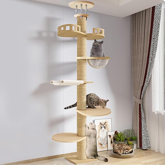 Tall Ceiling Cat Tree, Height Adjustable 6-Tier Hemp Scratching Post for Indoor and Outdoor Use - Sturdy Cat Activity Tower for Large Cats 1 Set 1 Set