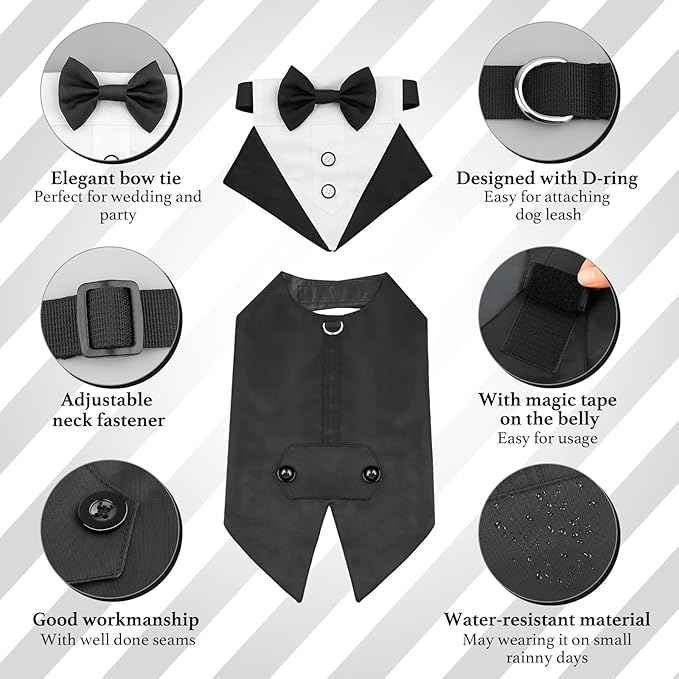 Dog Tuxedo, Formal Dog Wedding Attire Pet Costume Pet Suit and Bandana Set, Bithday Party Bow Tie Collar Outfit Puppy Tux (Medium)