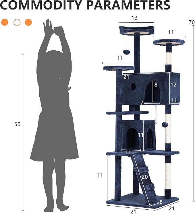 BLKMTY Cat Tree 70" Tall Cats Tower Large Cat Condo Climber Cats Climbing Stand with Top Perches Playhouse and Climbing Ladder Kitty Activity Tree w/Scratching Post Toys, Navy Blue