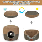 Cat Bed Cave for Indoor Cats, 2-in-1 Foldable Cat Cave & Lounge Bed with Reversible Cushion, Calming Anti-Anxiety Enclosed House for Small Dogs & Puppies, Donut Cozy Hideaway, 17.5 Inches (Brown)
