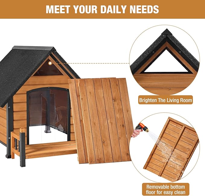 Dog House with Anti-Bite Metal Iron Frame Outdoor Wooden Dog Kennel Indoor Puppy Shelter for Small Medium Large Dogs Weatherproof(Brown)